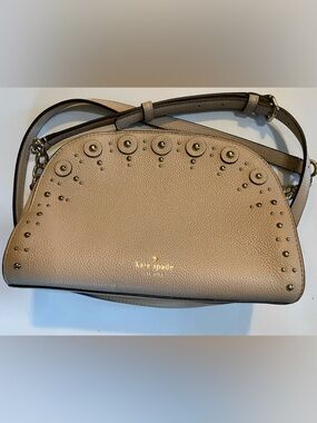 kate spade Gold Studded Leather Tori Half Moon Crossbody in light taupe